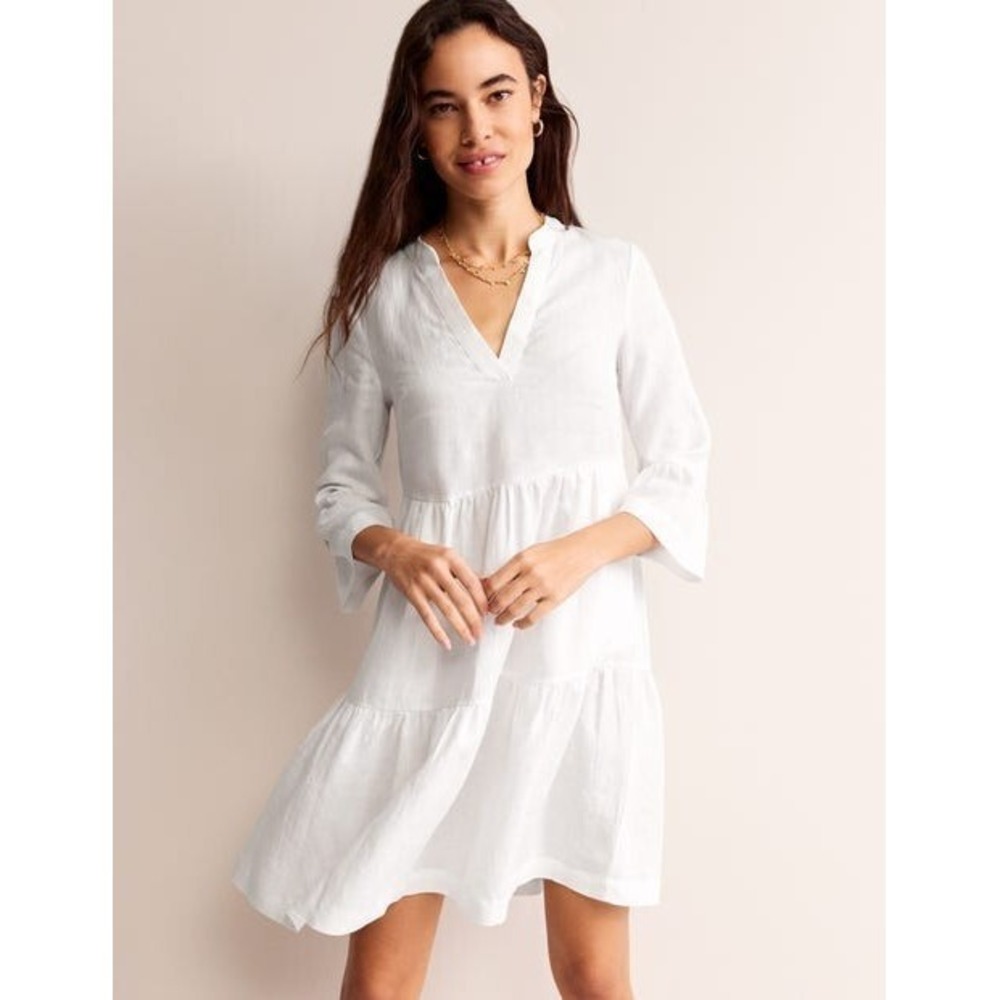 Boden White 100% Linen Sophia Tiered Summer Coastal Beach Bell Sleeve Dress Sz 8